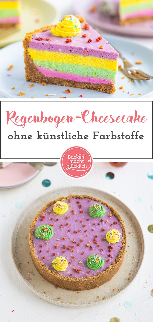 Bunter Käsekuchen: Mit diesem bunten Cheesecake ohne Backen macht ihr nicht nur Kinder happy! Der Regenbogen-Käsekuchen ohne Lebensmittelfarbe kommt immer gut an