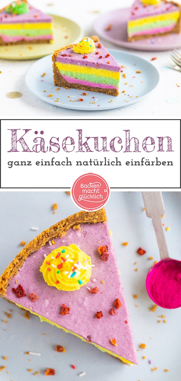 Bunter Käsekuchen: Mit diesem bunten Cheesecake ohne Backen macht ihr nicht nur Kinder happy! Der Regenbogen-Käsekuchen ohne Lebensmittelfarbe kommt immer gut an