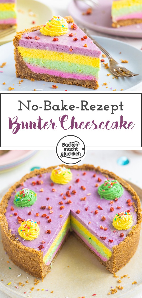 Bunter Käsekuchen: Mit diesem bunten Cheesecake ohne Backen macht ihr nicht nur Kinder happy! Der Regenbogen-Käsekuchen ohne Lebensmittelfarbe kommt immer gut an