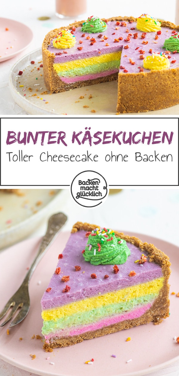 Bunter Käsekuchen: Mit diesem bunten Cheesecake ohne Backen macht ihr nicht nur Kinder happy! Der Regenbogen-Käsekuchen ohne Lebensmittelfarbe kommt immer gut an