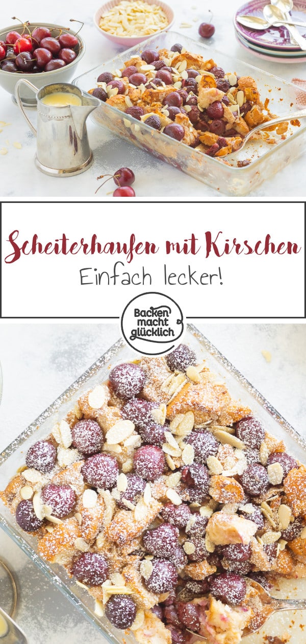 Dieses Scheiterhaufen-Rezept mit Kirschen ist super einfach zum Selbermachen. Der leckere Kirsch-Brot-Auflauf ist eine tolle Resteverwertung und schmeckt der ganzen Familie.