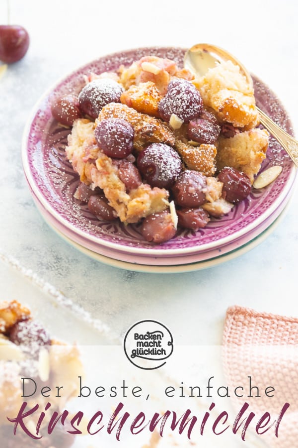 Dieses Scheiterhaufen-Rezept mit Kirschen ist super einfach zum Selbermachen. Der leckere Kirsch-Brot-Auflauf ist eine tolle Resteverwertung und schmeckt der ganzen Familie.