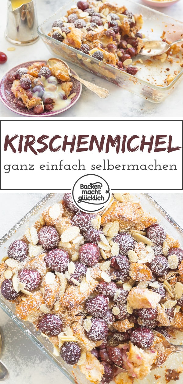 Dieses Scheiterhaufen-Rezept mit Kirschen ist super einfach zum Selbermachen. Der leckere Kirsch-Brot-Auflauf ist eine tolle Resteverwertung und schmeckt der ganzen Familie.