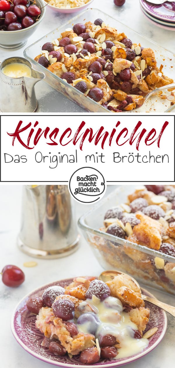 Dieses Scheiterhaufen-Rezept mit Kirschen ist super einfach zum Selbermachen. Der leckere Kirsch-Brot-Auflauf ist eine tolle Resteverwertung und schmeckt der ganzen Familie.