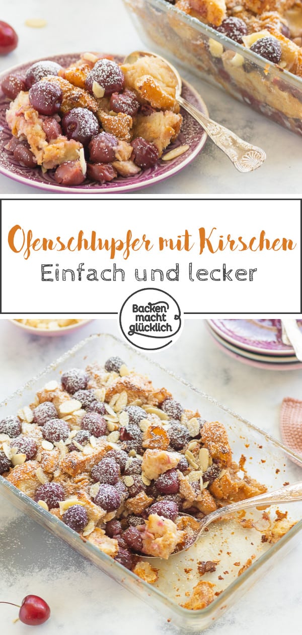 Dieses Scheiterhaufen-Rezept mit Kirschen ist super einfach zum Selbermachen. Der leckere Kirsch-Brot-Auflauf ist eine tolle Resteverwertung und schmeckt der ganzen Familie.