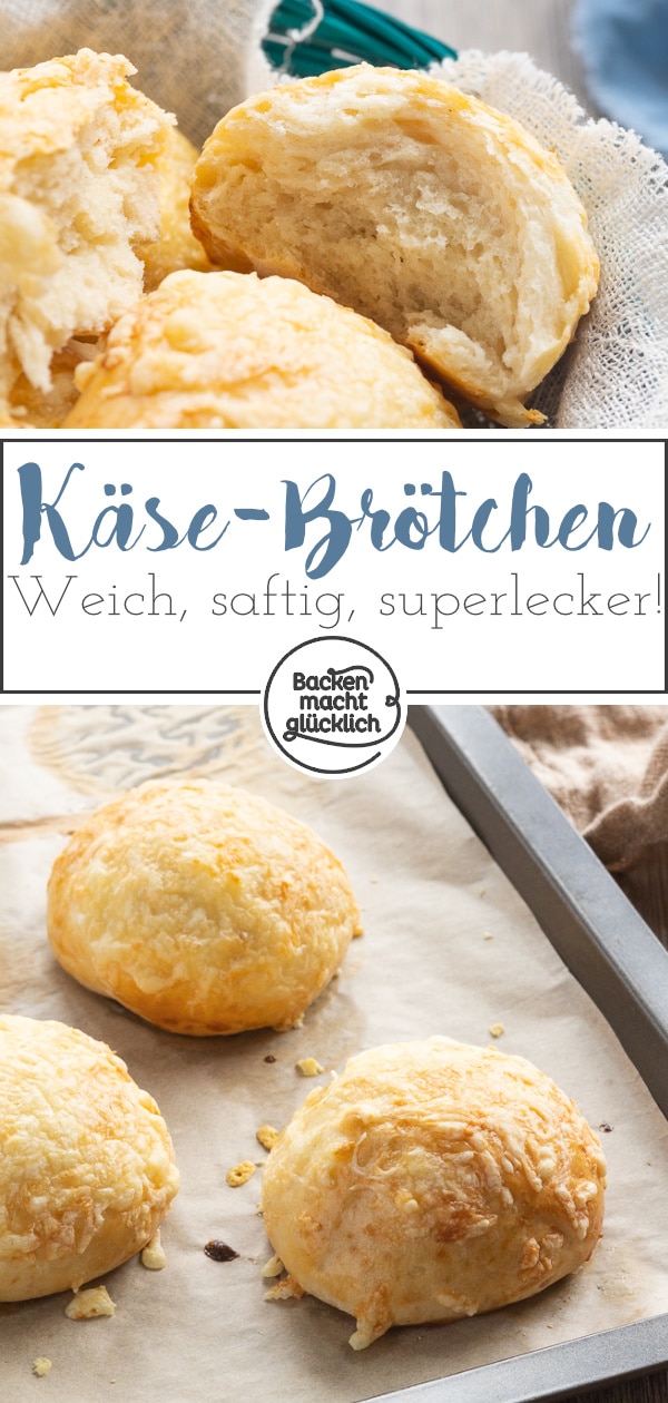 Diese mit Käse überbackenen Brötchen werden herrlich weich und fluffig. Die Käse-Brötchen sind besser als vom Bäcker!