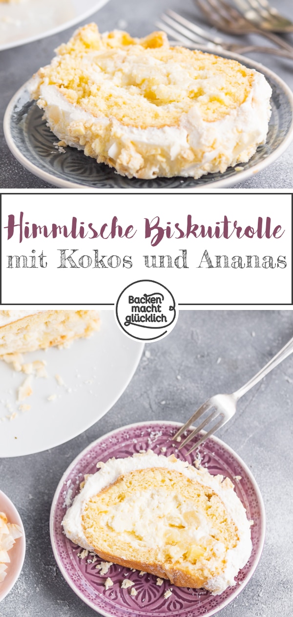 Kokos-Biskuitroulade mit Ananas: Diese köstliche Piña-Colada-Rolle aus fluffigem Teig, cremiger Füllung und leichtem Crunch ist ein Klassiker mit modernem Touch. Die Kokos-Rolle passt perfekt in den Sommer!