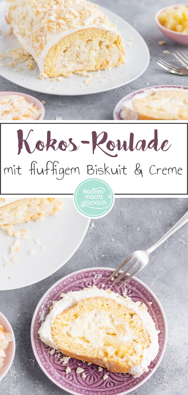 Kokos-Biskuitroulade mit Ananas: Diese köstliche Piña-Colada-Rolle aus fluffigem Teig, cremiger Füllung und leichtem Crunch ist ein Klassiker mit modernem Touch. Die Kokos-Rolle passt perfekt in den Sommer!