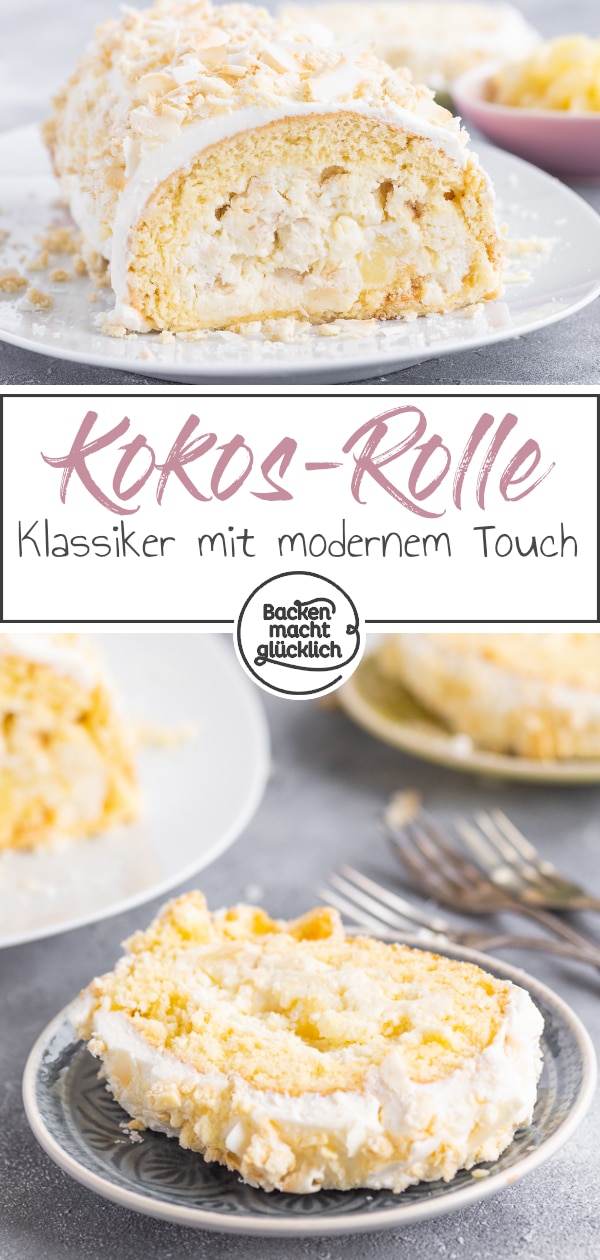 Kokos-Biskuitroulade mit Ananas: Diese köstliche Piña-Colada-Rolle aus fluffigem Teig, cremiger Füllung und leichtem Crunch ist ein Klassiker mit modernem Touch. Die Kokos-Rolle passt perfekt in den Sommer!