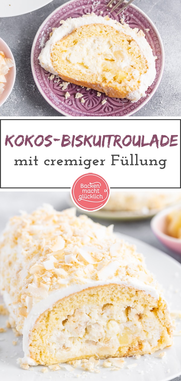 Kokos-Biskuitroulade mit Ananas: Diese köstliche Piña-Colada-Rolle aus fluffigem Teig, cremiger Füllung und leichtem Crunch ist ein Klassiker mit modernem Touch. Die Kokos-Rolle passt perfekt in den Sommer!