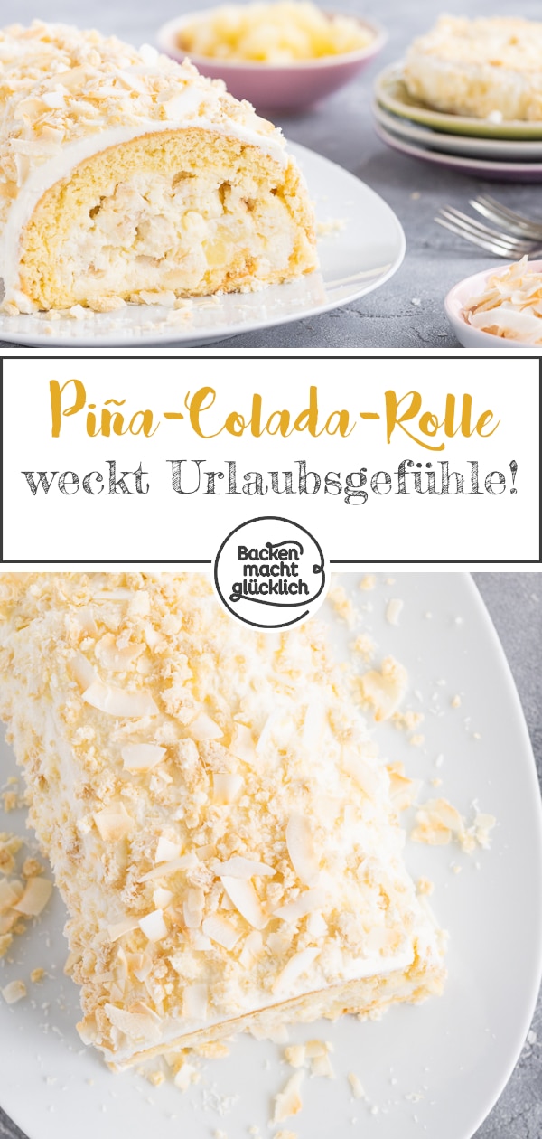 Kokos-Biskuitroulade mit Ananas: Diese köstliche Piña-Colada-Rolle aus fluffigem Teig, cremiger Füllung und leichtem Crunch ist ein Klassiker mit modernem Touch. Die Kokos-Rolle passt perfekt in den Sommer!