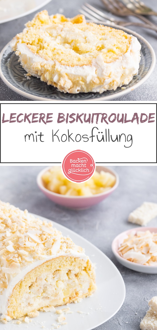 Kokos-Biskuitroulade mit Ananas: Diese köstliche Piña-Colada-Rolle aus fluffigem Teig, cremiger Füllung und leichtem Crunch ist ein Klassiker mit modernem Touch. Die Kokos-Rolle passt perfekt in den Sommer!