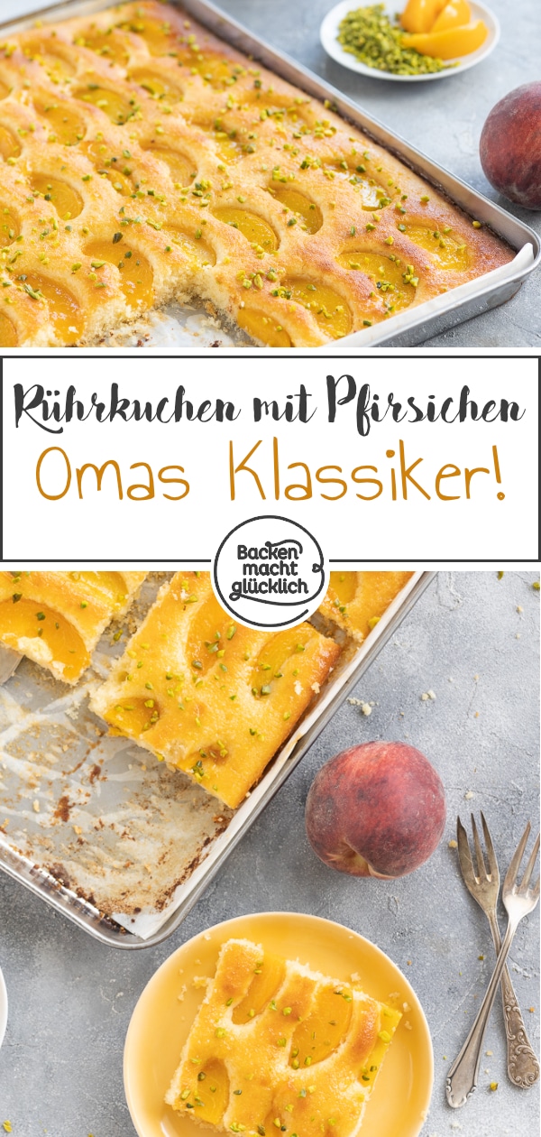 Blitzschnelles Rezept für Rührkuchen mit Pfirsichen, der garantiert gut ankommt! Der saftige Pfirsich-Blechkuchen ist ein echter Klassiker aus Omas Backstube.