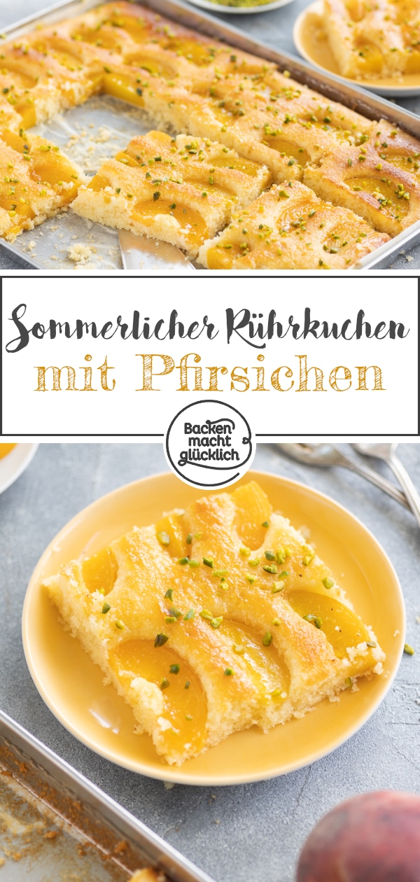 Blitzschnelles Rezept für Rührkuchen mit Pfirsichen, der garantiert gut ankommt! Der saftige Pfirsich-Blechkuchen ist ein echter Klassiker aus Omas Backstube.