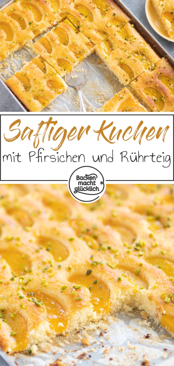 Blitzschnelles Rezept für Rührkuchen mit Pfirsichen, der garantiert gut ankommt! Der saftige Pfirsich-Blechkuchen ist ein echter Klassiker aus Omas Backstube.