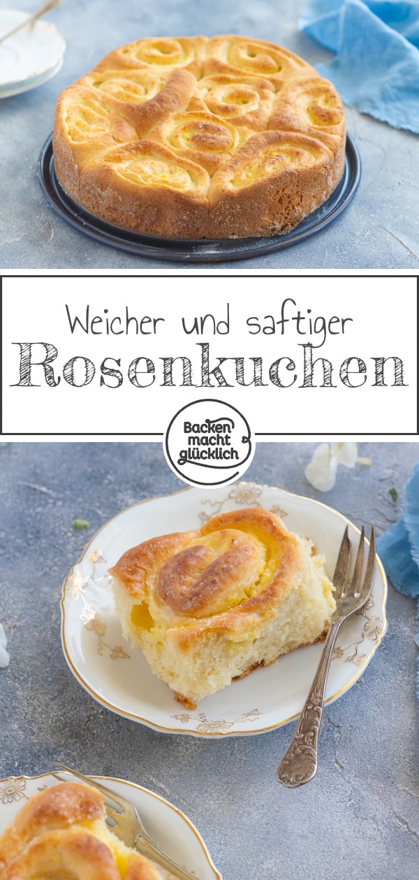 Verführerischer, wattig-weicher Rosenkuchen mit Vanillepudding. Wer Hefegebäck mag, wird diesen Pudding-Schneckenkuchen lieben!