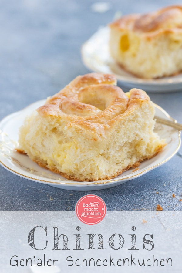 Verführerischer, wattig-weicher Rosenkuchen mit Vanillepudding. Wer Hefegebäck mag, wird diesen Pudding-Schneckenkuchen lieben!