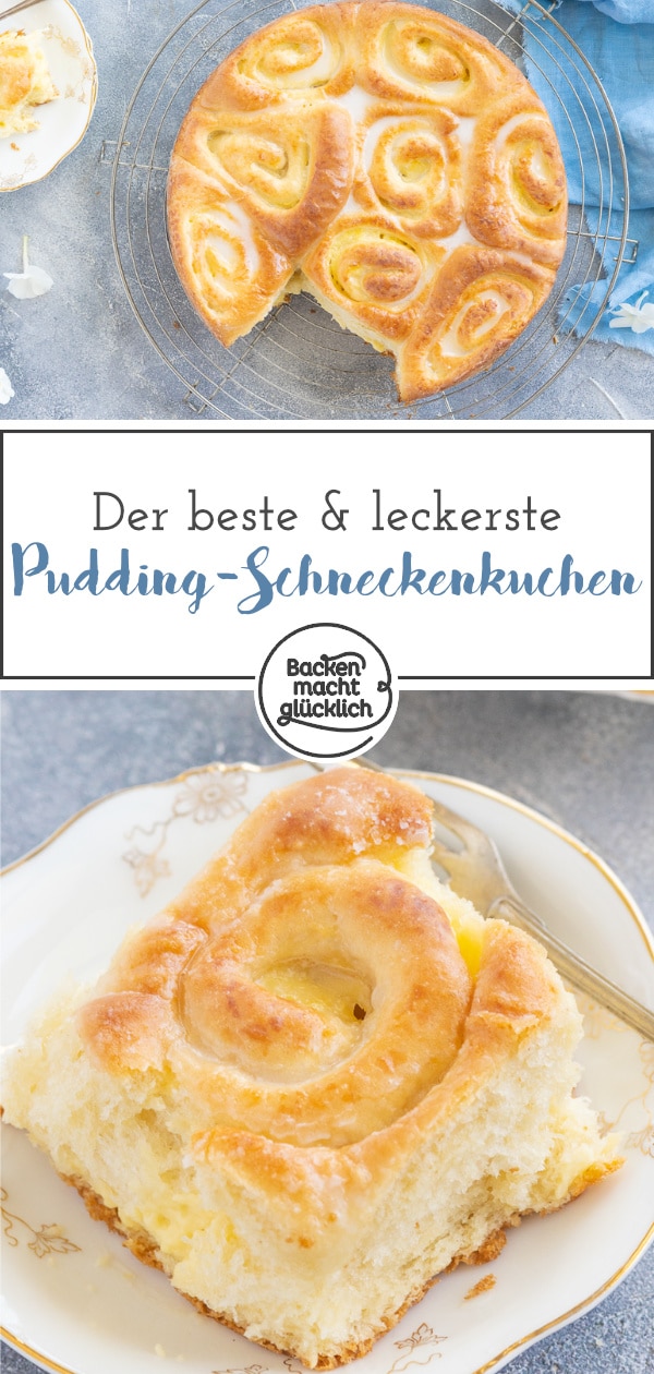 Verführerischer, wattig-weicher Rosenkuchen mit Vanillepudding. Wer Hefegebäck mag, wird diesen Pudding-Schneckenkuchen lieben!