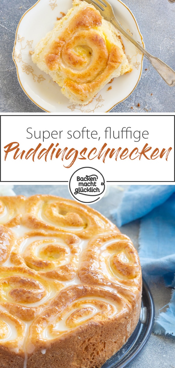 Verführerischer, wattig-weicher Rosenkuchen mit Vanillepudding. Wer Hefegebäck mag, wird diesen Pudding-Schneckenkuchen lieben!