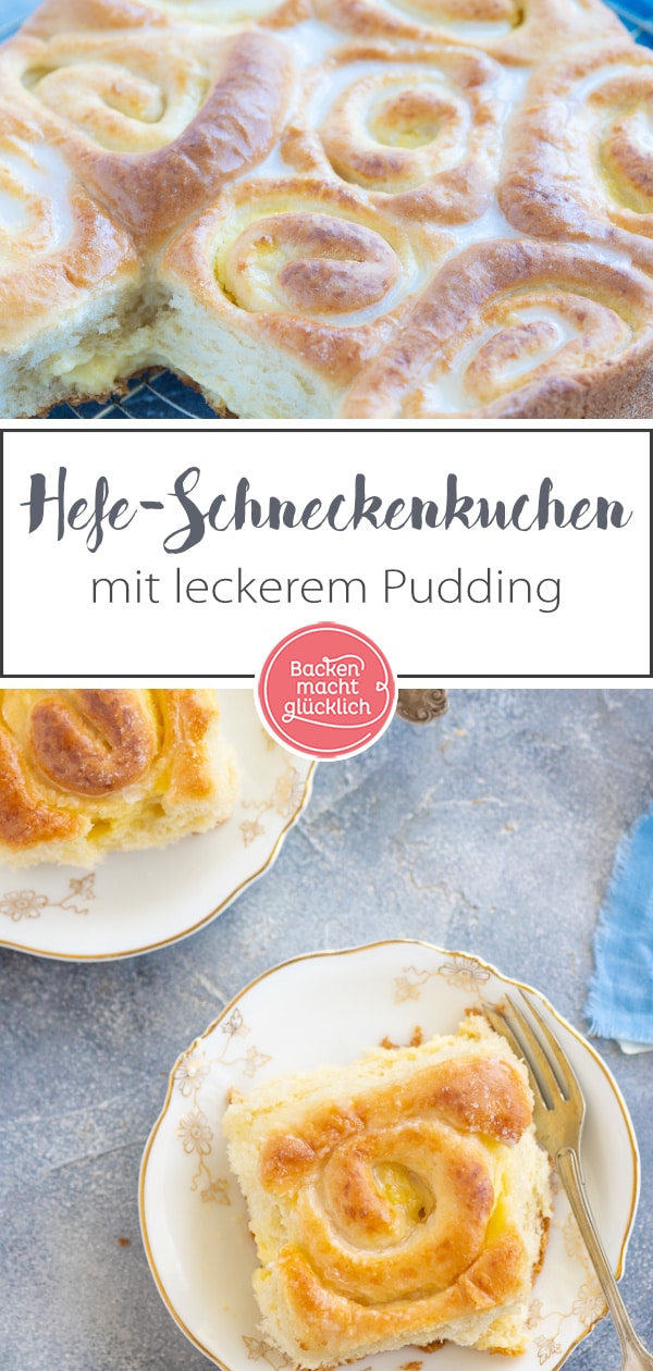 Verführerischer, wattig-weicher Rosenkuchen mit Vanillepudding. Wer Hefegebäck mag, wird diesen Pudding-Schneckenkuchen lieben!