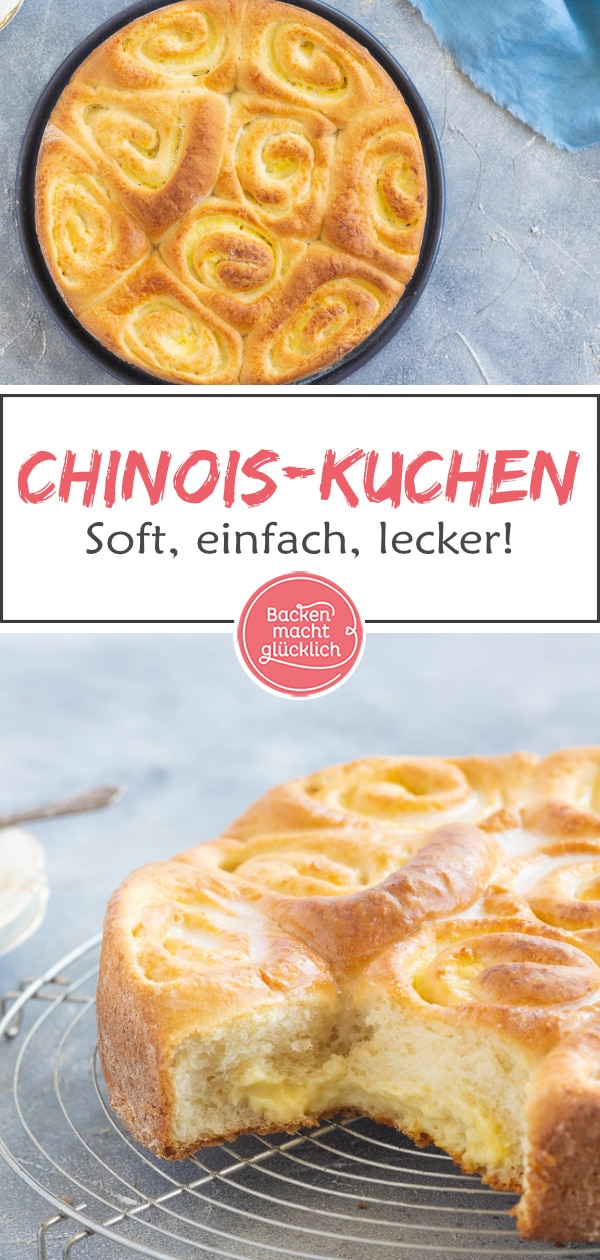 Verführerischer, wattig-weicher Rosenkuchen mit Vanillepudding. Wer Hefegebäck mag, wird diesen Pudding-Schneckenkuchen lieben!