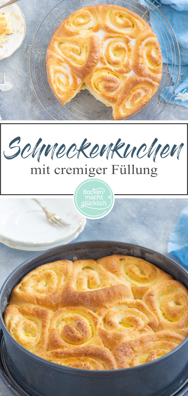 Verführerischer, wattig-weicher Rosenkuchen mit Vanillepudding. Wer Hefegebäck mag, wird diesen Pudding-Schneckenkuchen lieben!