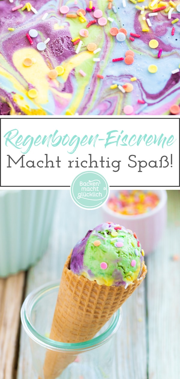 Regenbogen-Eis selbermachen ohne Eismaschine: Diese bunte Eiscreme macht richtig Spaß! Ihr braucht weder besonderes Equipment noch künstliche Lebensmittelfarbe. Ein tolles, besonderes Kinder-Eis!