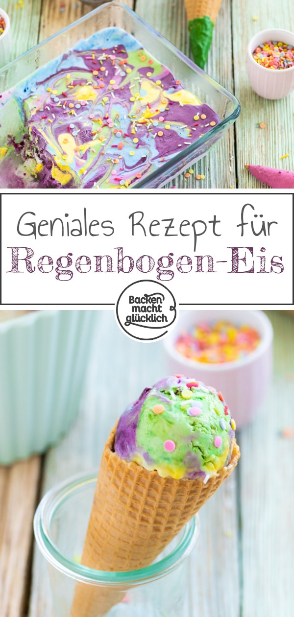 Regenbogen-Eis selbermachen ohne Eismaschine: Diese bunte Eiscreme macht richtig Spaß! Ihr braucht weder besonderes Equipment noch künstliche Lebensmittelfarbe. Ein tolles, besonderes Kinder-Eis!