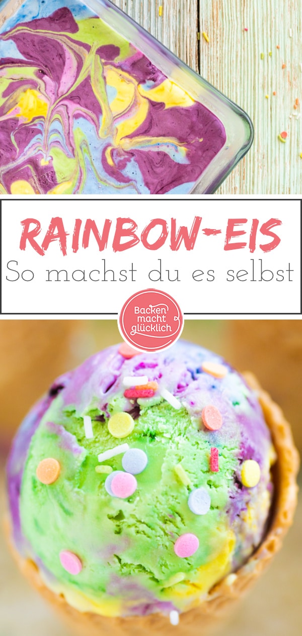 Regenbogen-Eis selbermachen ohne Eismaschine: Diese bunte Eiscreme macht richtig Spaß! Ihr braucht weder besonderes Equipment noch künstliche Lebensmittelfarbe. Ein tolles, besonderes Kinder-Eis!