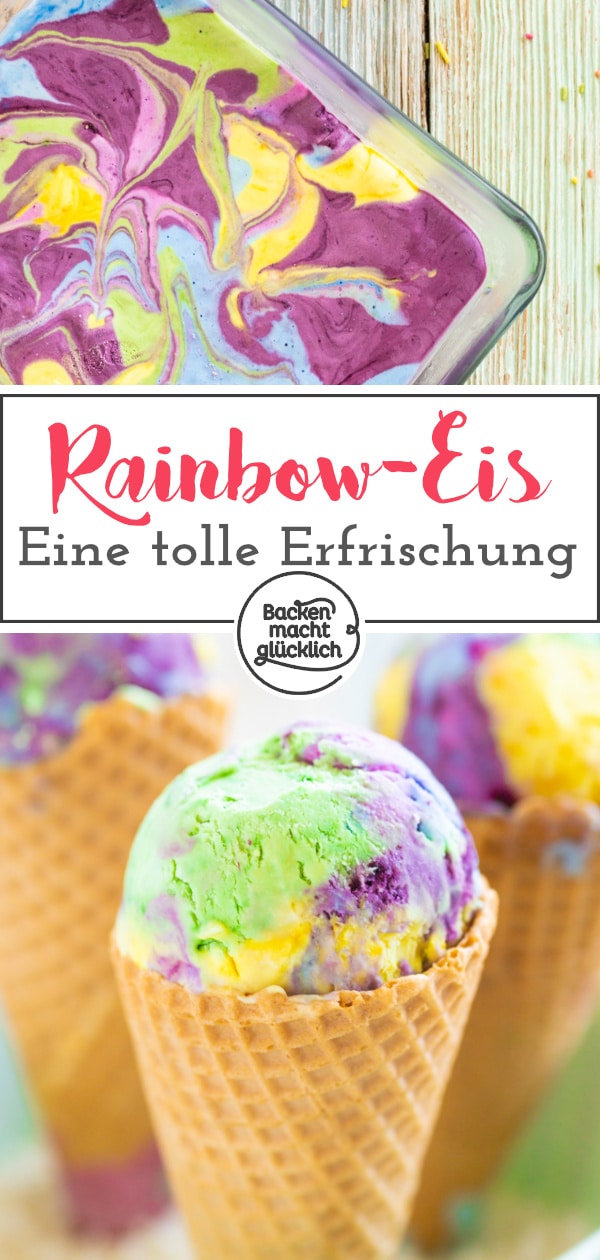 Regenbogen-Eis selbermachen ohne Eismaschine: Diese bunte Eiscreme macht richtig Spaß! Ihr braucht weder besonderes Equipment noch künstliche Lebensmittelfarbe. Ein tolles, besonderes Kinder-Eis!