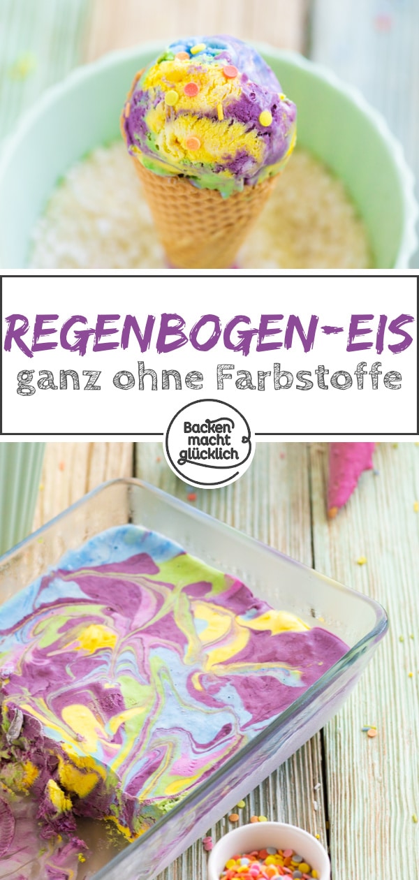 Regenbogen-Eis selbermachen ohne Eismaschine: Diese bunte Eiscreme macht richtig Spaß! Ihr braucht weder besonderes Equipment noch künstliche Lebensmittelfarbe. Ein tolles, besonderes Kinder-Eis!