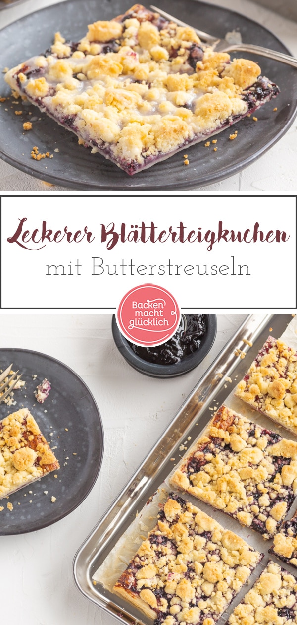 Einfacher Blätterteigkuchen aus knusprigem, dünnem Boden, fruchtiger Marmelade und einer extra dicken Schicht Butterstreusel. Dieser Prasselkuchen ist ein tolles Last-Minute-Rezept.