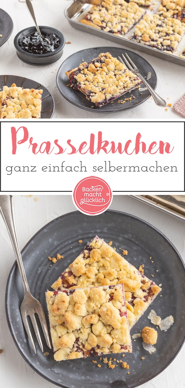 Einfacher Blätterteigkuchen aus knusprigem, dünnem Boden, fruchtiger Marmelade und einer extra dicken Schicht Butterstreusel. Dieser Prasselkuchen ist ein tolles Last-Minute-Rezept.