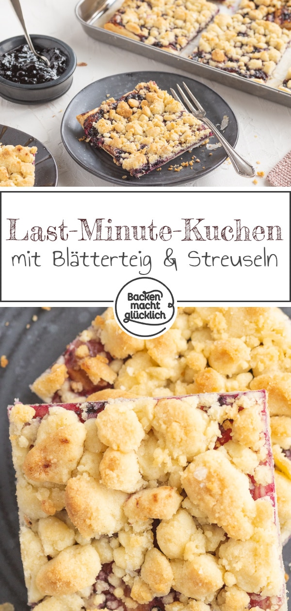 Einfacher Blätterteigkuchen aus knusprigem, dünnem Boden, fruchtiger Marmelade und einer extra dicken Schicht Butterstreusel. Dieser Prasselkuchen ist ein tolles Last-Minute-Rezept.