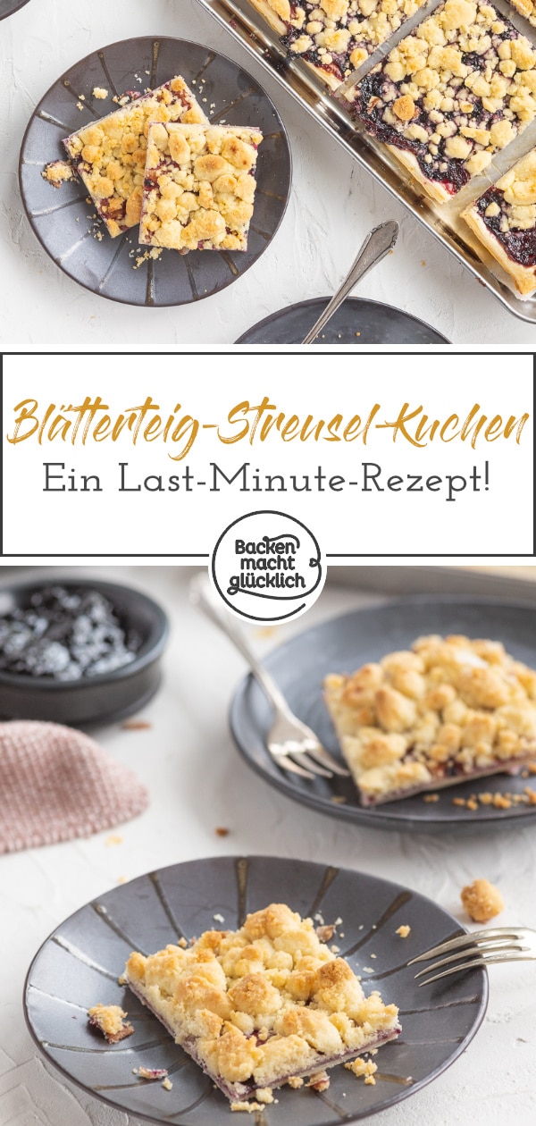 Einfacher Blätterteigkuchen aus knusprigem, dünnem Boden, fruchtiger Marmelade und einer extra dicken Schicht Butterstreusel. Dieser Prasselkuchen ist ein tolles Last-Minute-Rezept.