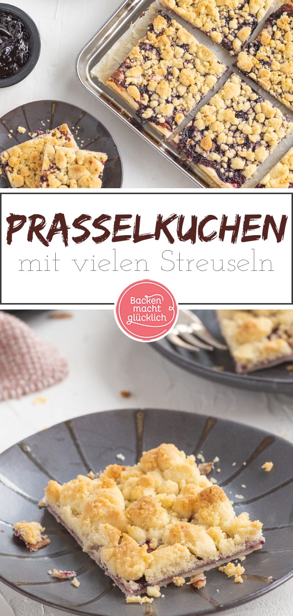 Einfacher Blätterteigkuchen aus knusprigem, dünnem Boden, fruchtiger Marmelade und einer extra dicken Schicht Butterstreusel. Dieser Prasselkuchen ist ein tolles Last-Minute-Rezept.