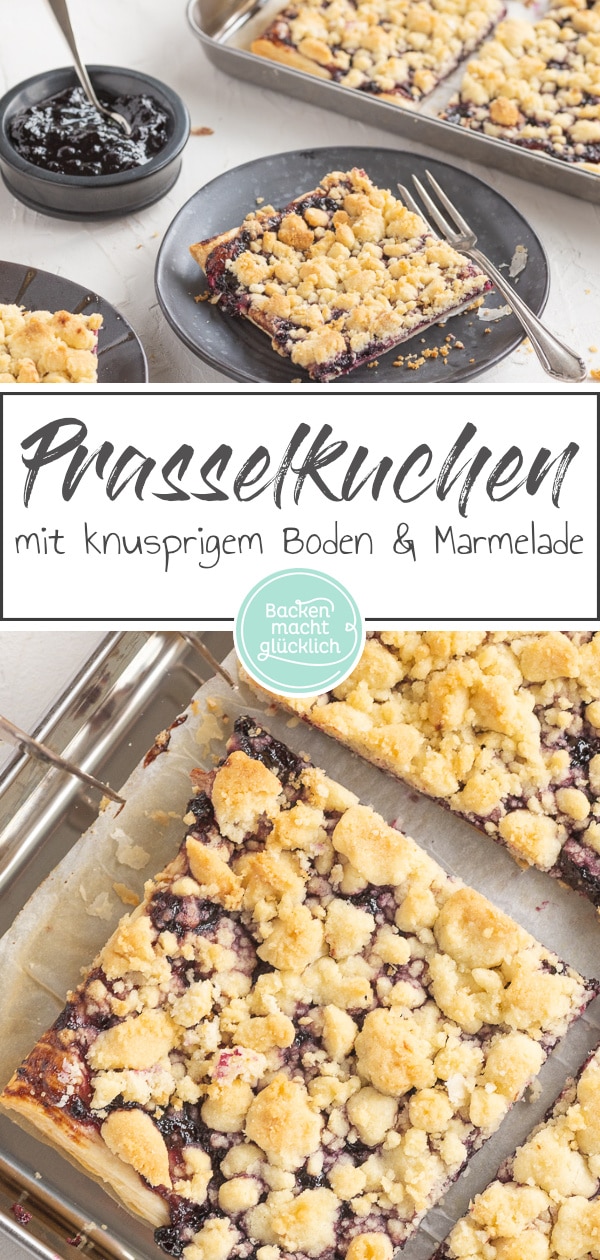 Einfacher Blätterteigkuchen aus knusprigem, dünnem Boden, fruchtiger Marmelade und einer extra dicken Schicht Butterstreusel. Dieser Prasselkuchen ist ein tolles Last-Minute-Rezept.