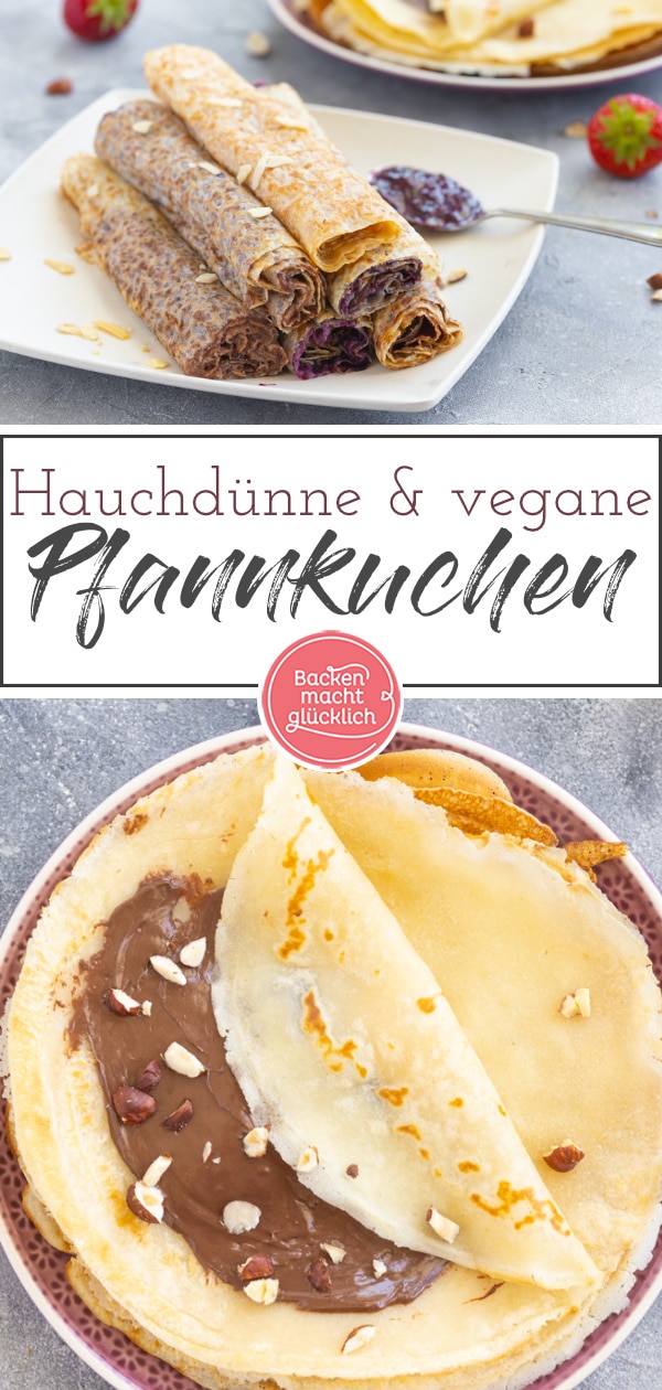 Geniale Crêpes ohne Eier, Milch und Butter. Einfaches Rezept für vegane Pfannkuchen nur mit Standard-Zutaten und so lecker wie der Klassiker.
