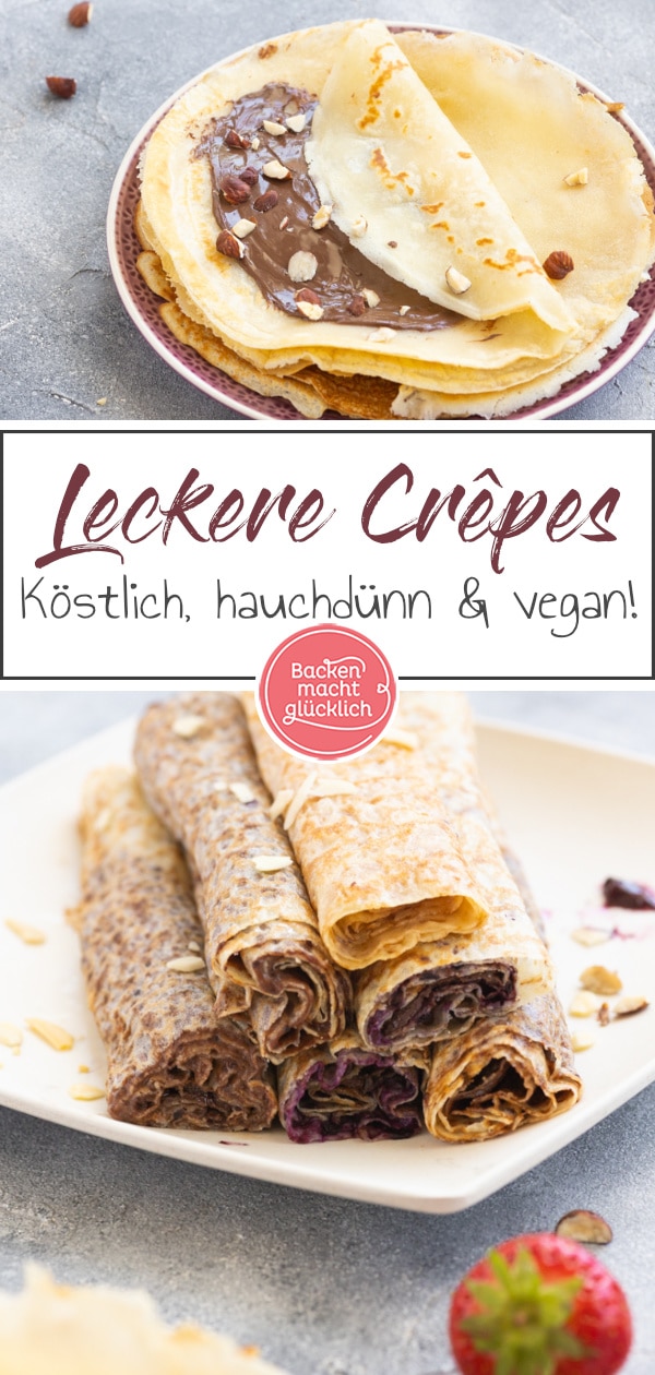 Geniale Crêpes ohne Eier, Milch und Butter. Einfaches Rezept für vegane Pfannkuchen nur mit Standard-Zutaten und so lecker wie der Klassiker.