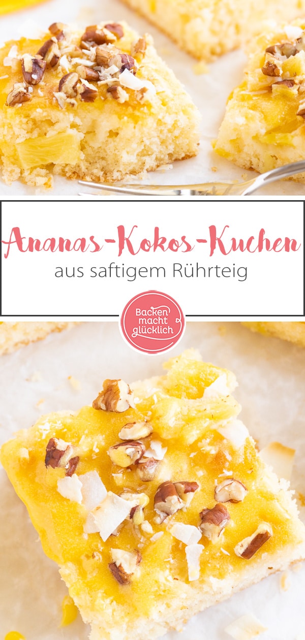 Einfacher, schneller Rührkuchen mit Ananas und Kokos, der Sommergefühle auf den Teller bringt! Der Ananaskuchen ist fruchtig, saftig, buttrig & crunchy!