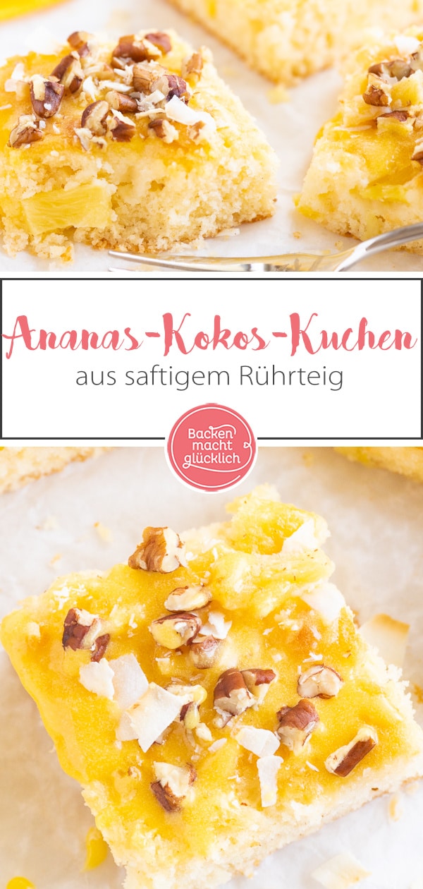 Einfacher, schneller Rührkuchen mit Ananas und Kokos, der Sommergefühle auf den Teller bringt! Der Ananaskuchen ist fruchtig, saftig, buttrig & crunchy!