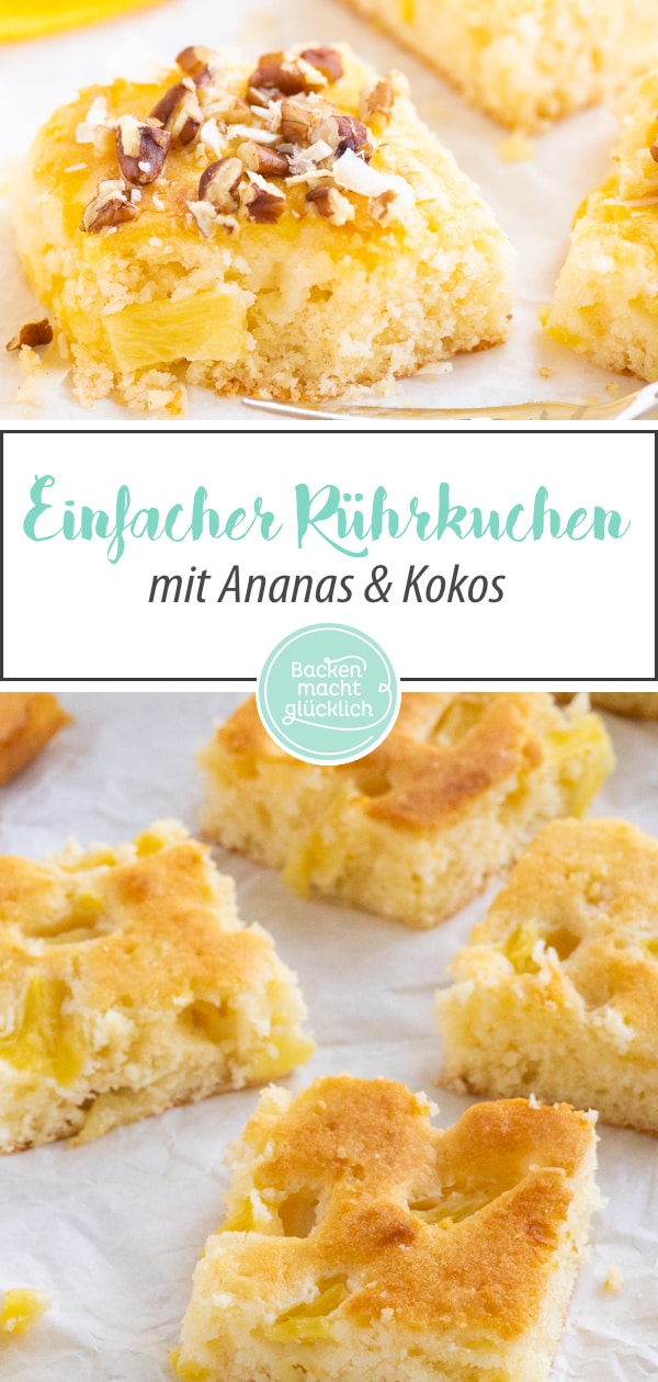 Einfacher, schneller Rührkuchen mit Ananas und Kokos, der Sommergefühle auf den Teller bringt! Der Ananaskuchen ist fruchtig, saftig, buttrig & crunchy!