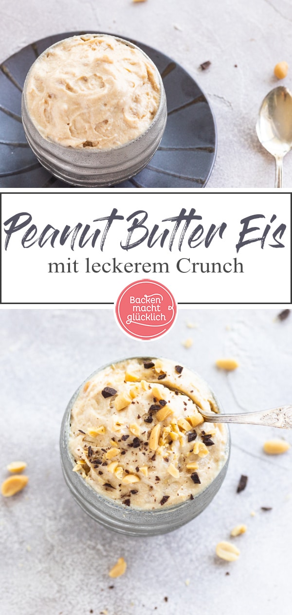 Einfaches Rezept für himmlisches Erdnuss-Eis mit Crunch. Das Rezept für cremiges Erdnussbutter-Eis funktioniert sogar ohne Eismaschine.