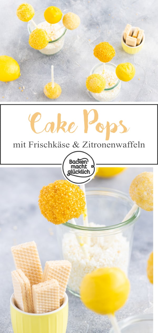 Zitronen Cake Pops ohne Backen – diese Kuchenkugeln am Stiel bestehen aus nur 2 Zutaten und sind einfach super lecker!