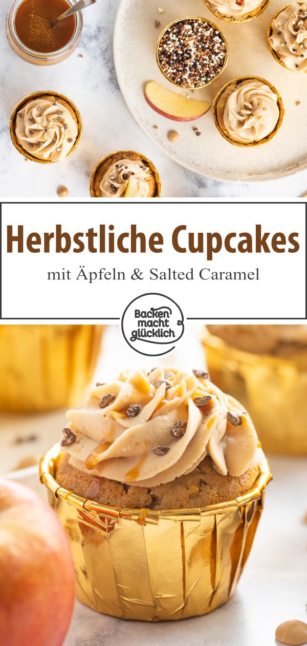 Einfache Apfel-Cupcakes mit Karamell-Frosting: Dieses Herbst-Rezept ist wirklich genial. Die Karamell-Cupcakes werden super saftig und lecker!