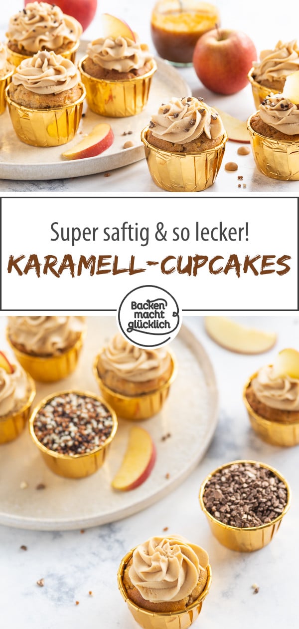 Einfache Apfel-Cupcakes mit Karamell-Frosting: Dieses Herbst-Rezept ist wirklich genial. Die Karamell-Cupcakes werden super saftig und lecker!