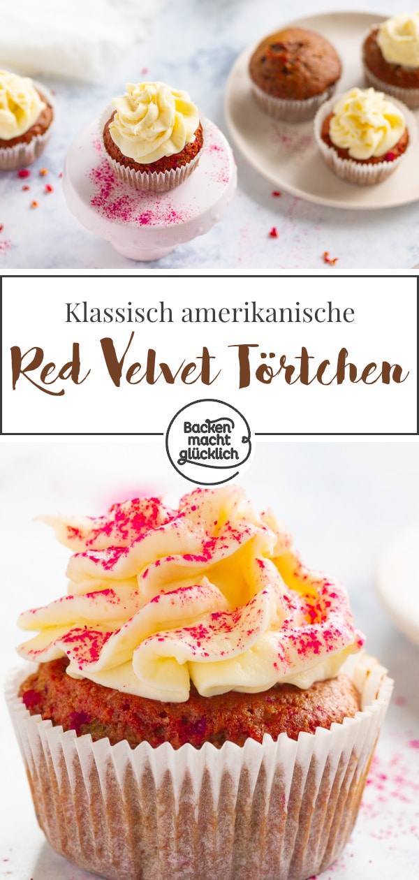 Der amerikanische Törtchen-Klassiker aus saftigem Rührteig und cremigem Frischkäse-Frosting schmeckt einfach köstlich! Auf künstliche Farbstoffe könnt ihr mit diesem Rezept für Red Velvet Cupcakes verzichten.