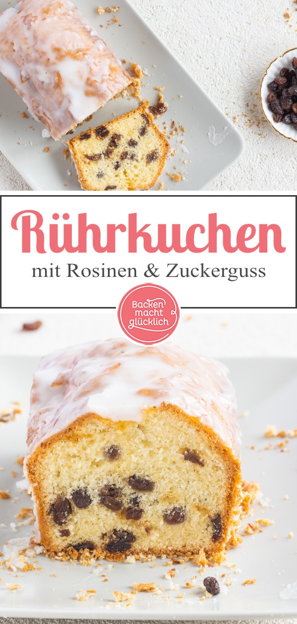 Omas Rührkuchen mit Rosinen wird herrlich saftig und fruchtig. Das Rezept für leckeren Rosinenkuchen lässt sich wunderbar am Vortag backen.