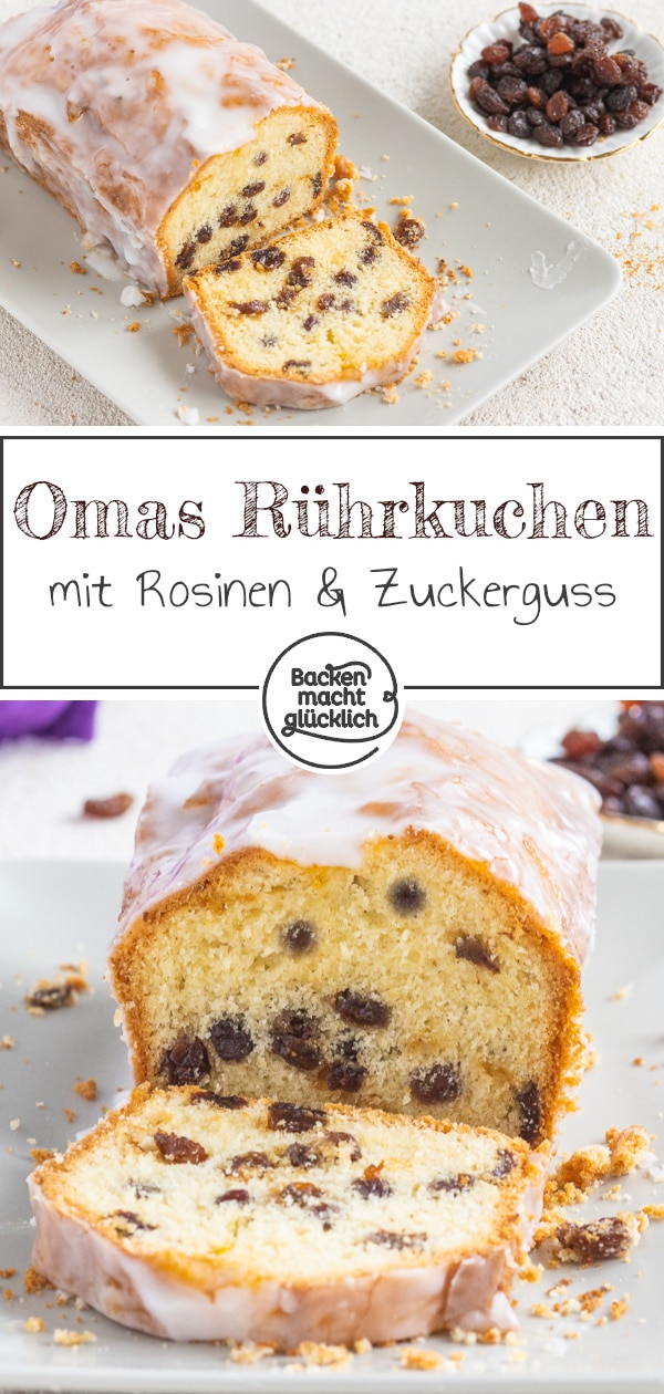 Omas Rührkuchen mit Rosinen wird herrlich saftig und fruchtig. Das Rezept für leckeren Rosinenkuchen lässt sich wunderbar am Vortag backen.