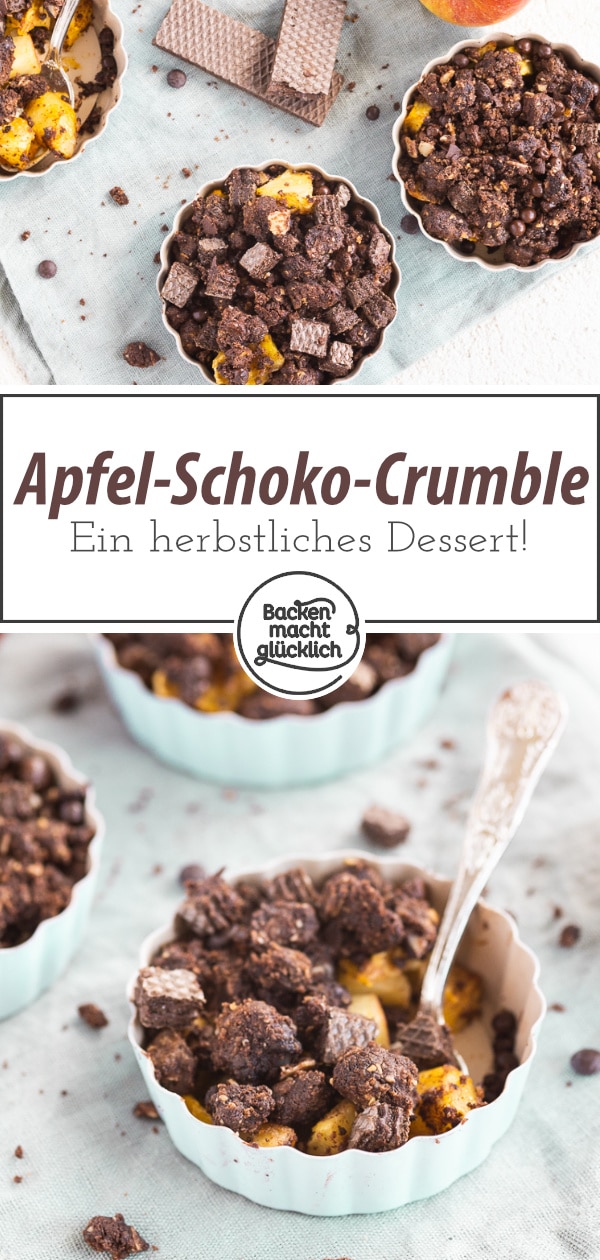 Schoko-Apfel-Crumble: Leckerer Nachtisch mit dicken Streuseln, zimtigen Apfelstückchen und Schokocrunch. Ein geniales Herbstdessert!